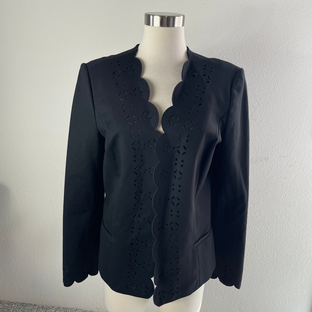 Banana Republic Womens 12 Tall Black Scalloped Laser Cut Eyelet Blazer Jacket